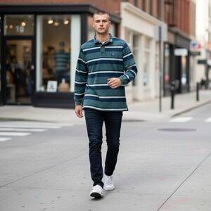LL Bean Rugby Shirt Mens XL Tall Blue StripedTraditional Fit Long Sleeve‎